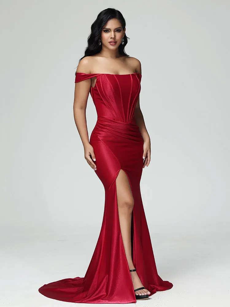 Off-Shoulder Evening Dress Satin Stretch Silky Pleated with Sweep Train in RED